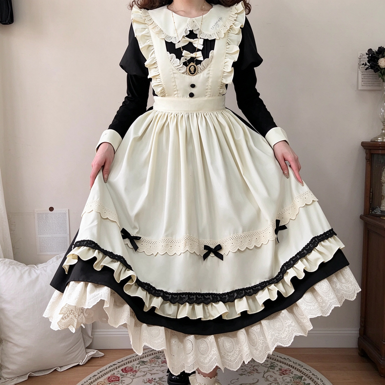 Black and Cream Ruffled Maid Lolita Dress with Apron Bow Accent - view 4
