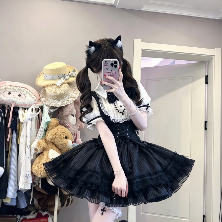 Black and White Striped Ruffled Maid Lolita Dress with Vest Bow Accent - view 4