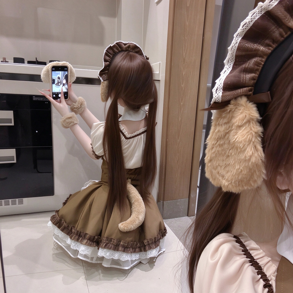 Brown and Beige Ruffled Lolita Dress with Lace-Up Vest Accent - view 2