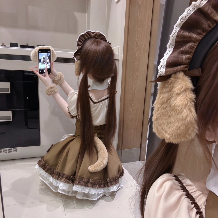 Brown and Beige Ruffled Lolita Dress with Lace-Up Vest Accent - view 2