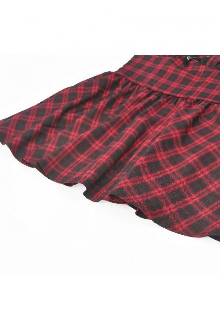 Black/Red Plaid Turn-Down Collar Cut-Out Short Sleeves Lace-Up Women's Punk Retro Mini Dress - Product - 18