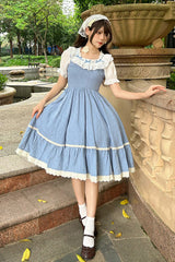 Blue Print Ruffle Stitching Lace Sweet Lolita Strap Dress Set - Product - 5
