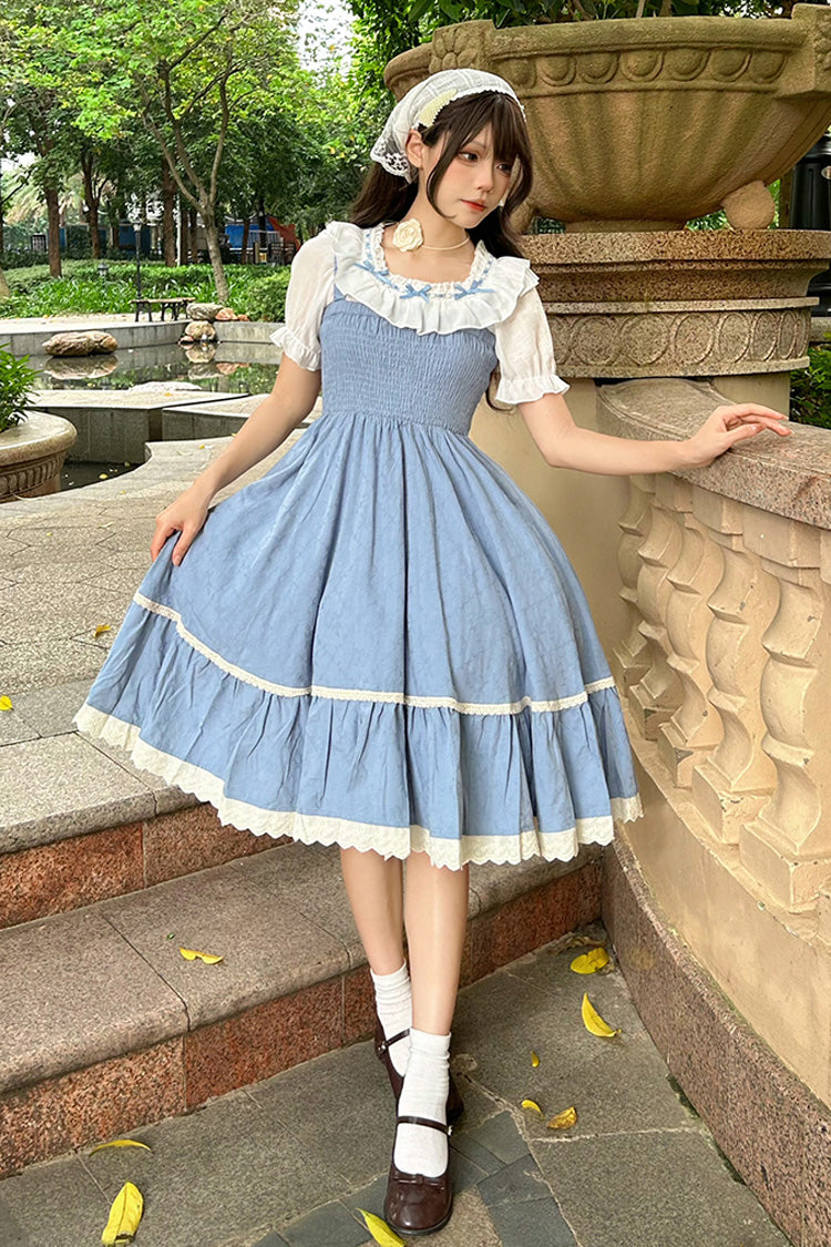 Blue Print Ruffle Stitching Lace Sweet Lolita Strap Dress Set - Product - 5