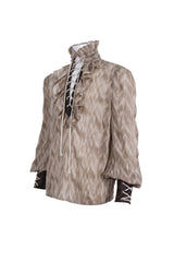 Brown Ruffle Stand Collar Print Lace-Up Men's Gothic Blouse - Product - 6