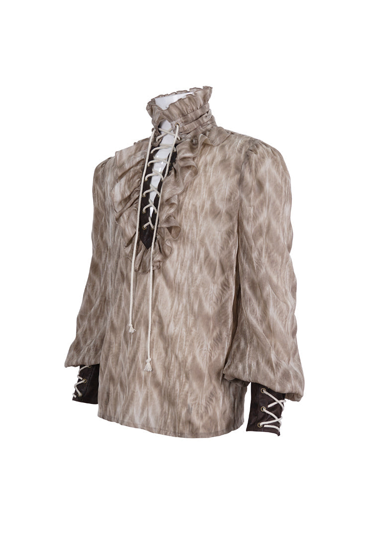 Brown Ruffle Stand Collar Print Lace-Up Men's Gothic Blouse - Product - 6