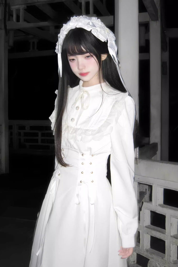 Apricot Stand Collar Long Sleeves Ruffled Lace-Up Mid-length Gothic Lolita Dress - Product - 4