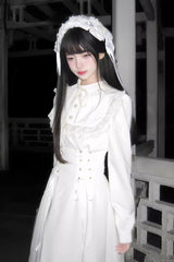 Apricot Stand Collar Long Sleeves Ruffled Lace-Up Mid-length Gothic Lolita Dress - Product - 4