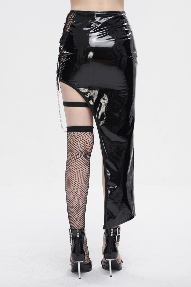 Black Irregular Patent Leather Women's Punk Skirt With Mesh Stocking - Product - 6