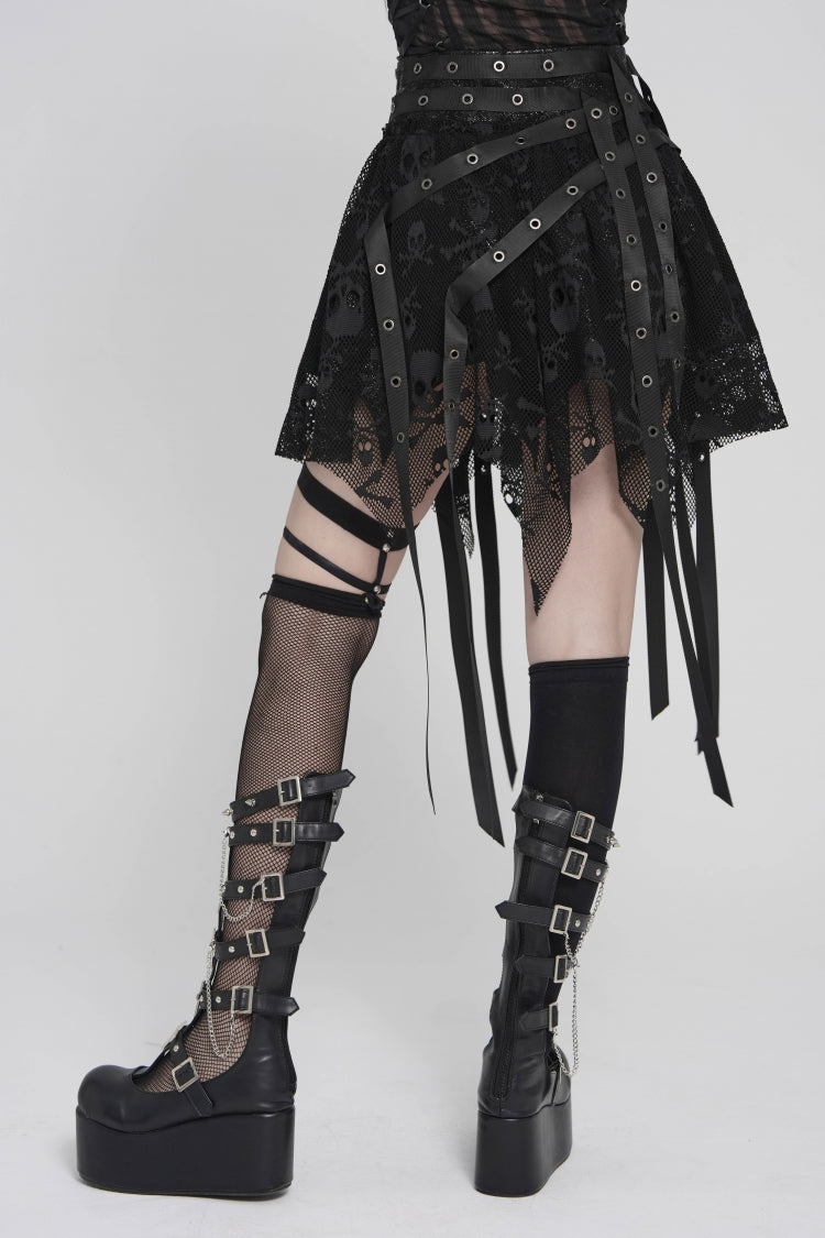 Black Double-Layered Lace Lace-Up Irregular Mesh Eyelet Women's Punk Skirt - Product - 7