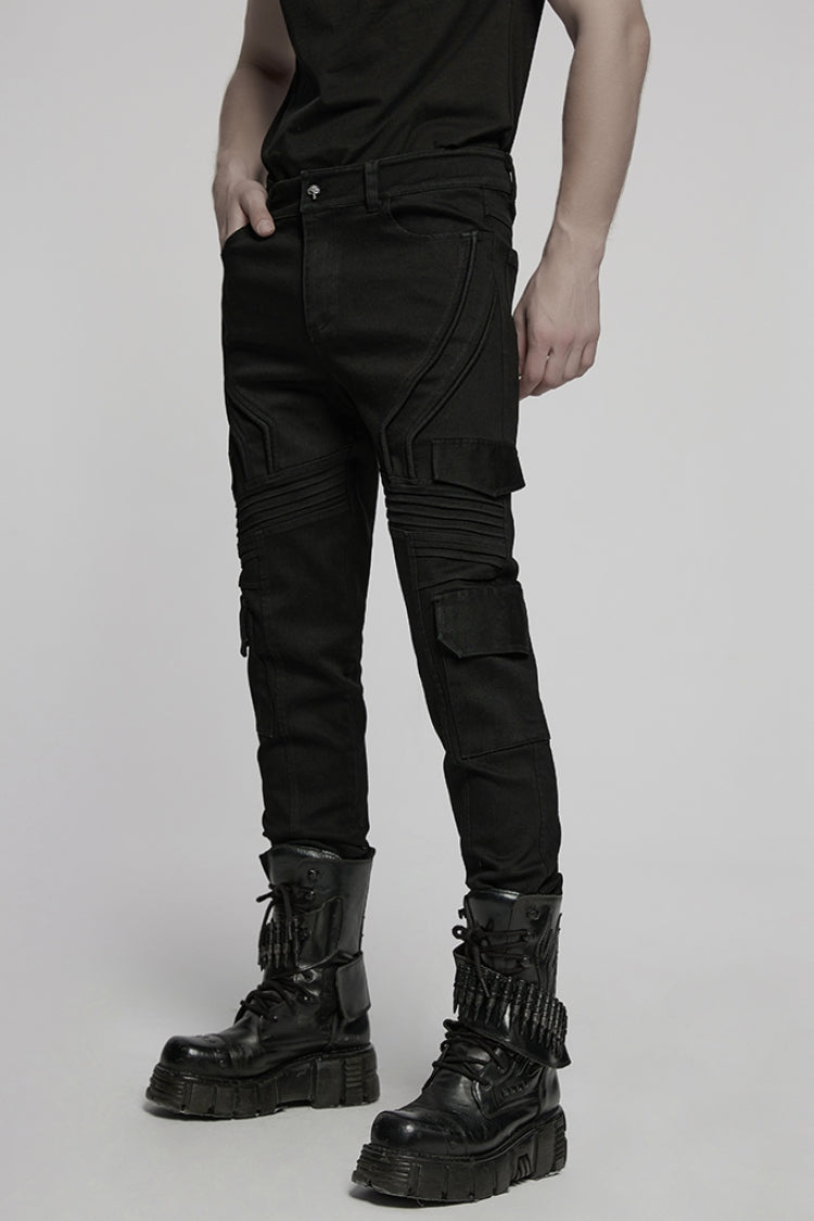 Black Multi-pocket Pleated Men's Punk Denim Pants - Product - 2
