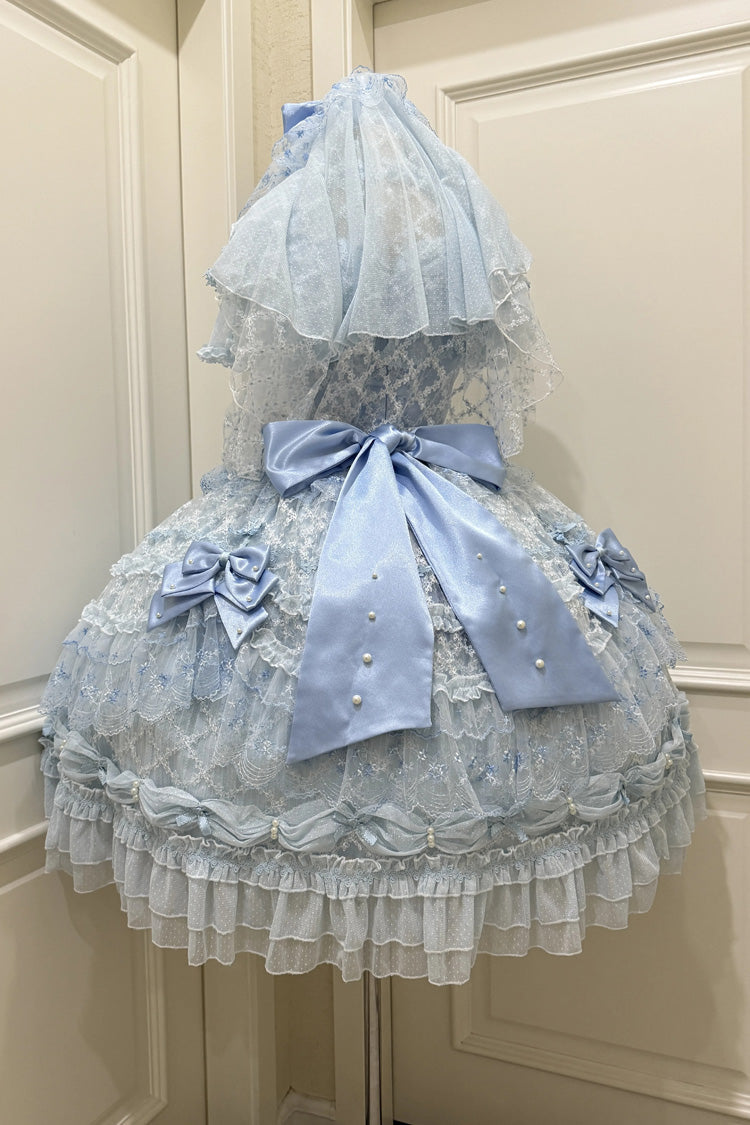 Blue Long Sleeves Hanayome Bow Lace-Up Sweet Gorgeous Lolita Dress with Train and Veil - Product - 4