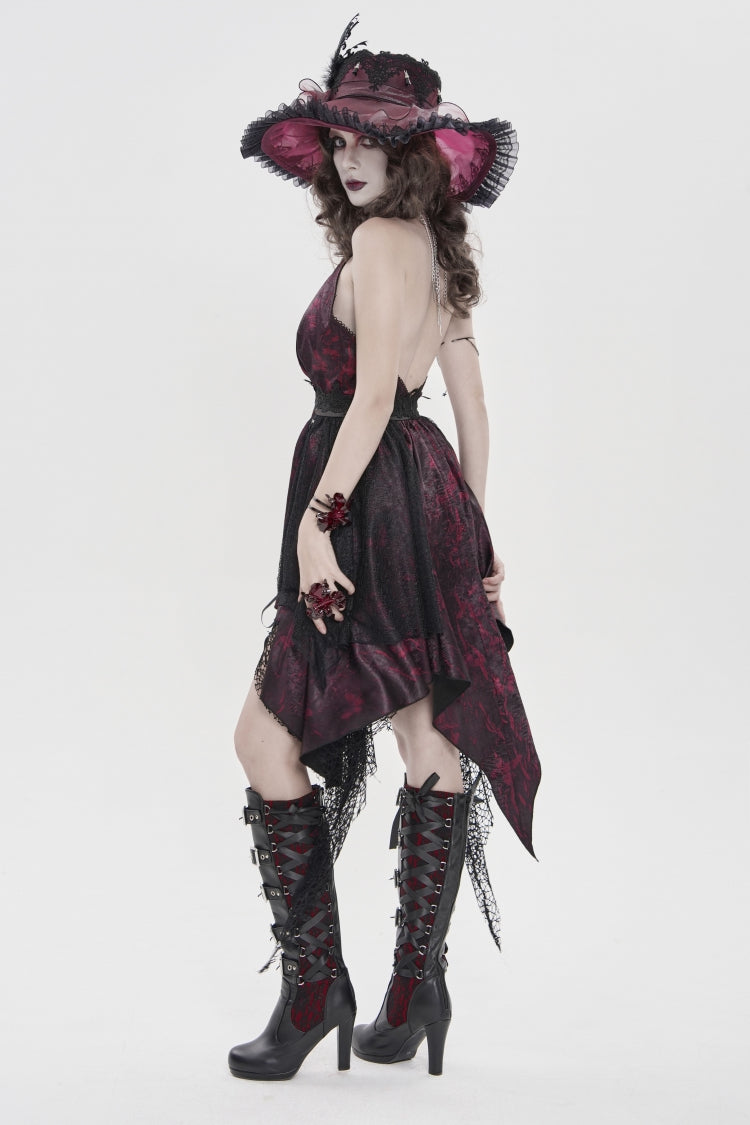 Black/Red Off Shoulder Sleeveless Multi-Layered Printed Lace Irregular Tassels Women's Gothic Dress - Product - 8