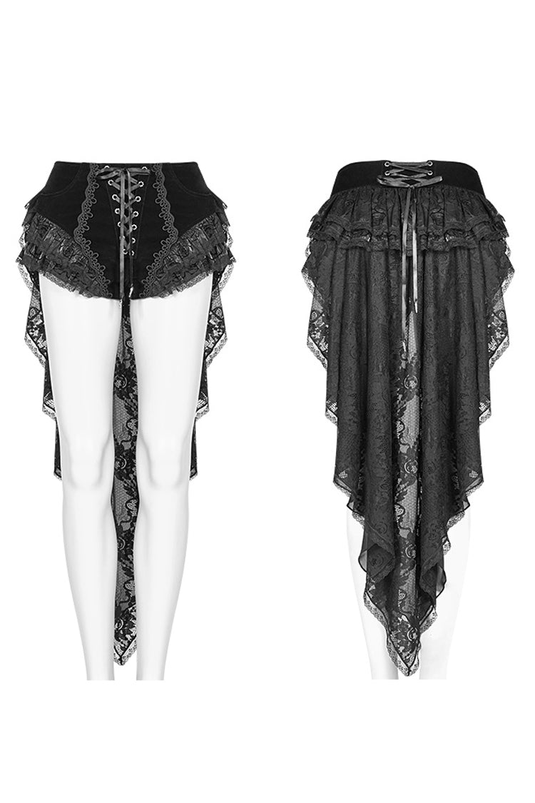 Black Ruffle Lace Lace-Up Women's Gothic Shorts with Long Train - Product - 5