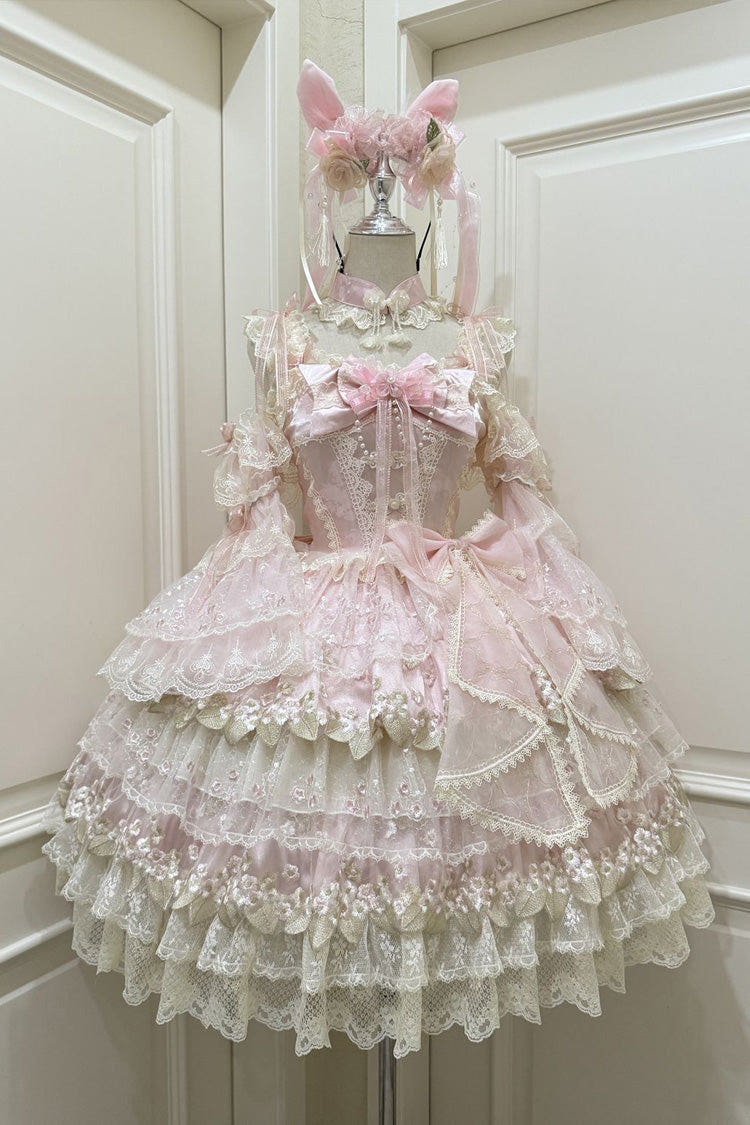 Pink [Falling Flowers in the Rain] Sleeveless Ruffle Embroidery Bowknot Sweet Chinese Style Lolita Jsk Dress - Pink - 1