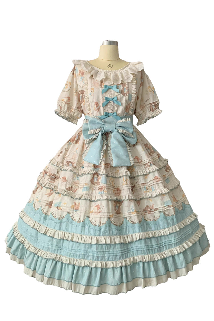 Blue/Apricot [Harvest Bear] Print Short Sleeves Multi-Layered Ruffle Bowknot Sweet Plus Size Lolita Dress 2 Versions - Product - 3