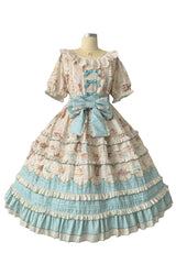Blue/Apricot [Harvest Bear] Print Short Sleeves Multi-Layered Ruffle Bowknot Sweet Plus Size Lolita Dress 2 Versions - Product - 3