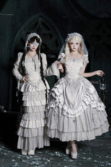 Solid Color [Bionic Doll] Square Collar Multi-Layered Ruffle Bowknot Lace-Up Gothic Lolita Long Skirt Corset Set - Product - 3