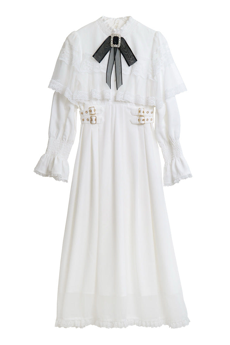 Lace Cape Long Sleeves Bowknot Slim Jirai Kei Japanese Dress 5 Colors - White - 5