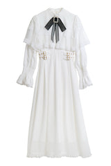 Lace Cape Long Sleeves Bowknot Slim Jirai Kei Japanese Dress 5 Colors - White - 5