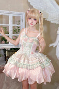 Pink/Green Summer Garden Ruffle Embroidery Bowknot Lace Sweet JSK Short Dress (Dress Only) front view