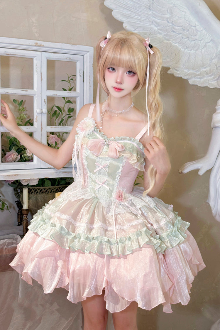 Pink/Green Summer Garden Ruffle Embroidery Bowknot Lace Sweet Lolita Jsk Short Dress - Pink/Green - 1