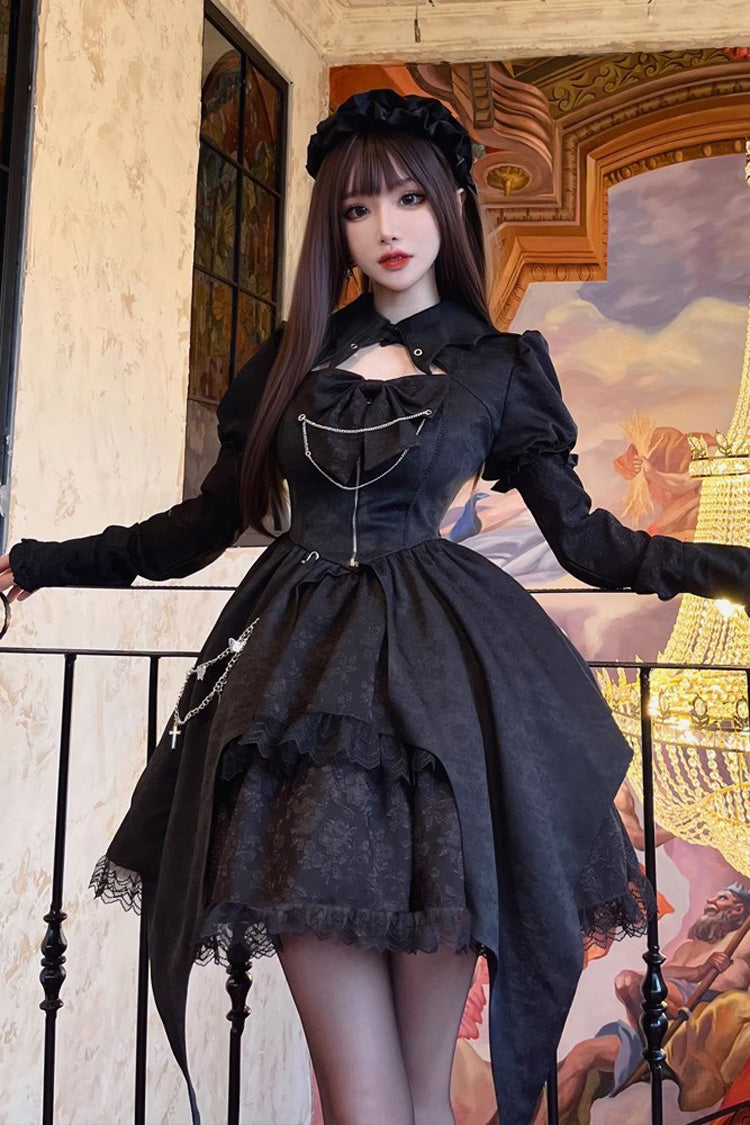 Black Dream Long Sleeves High Waisted Ruffle Cardigan Gothic Princess Lolita Dress - Black - 1