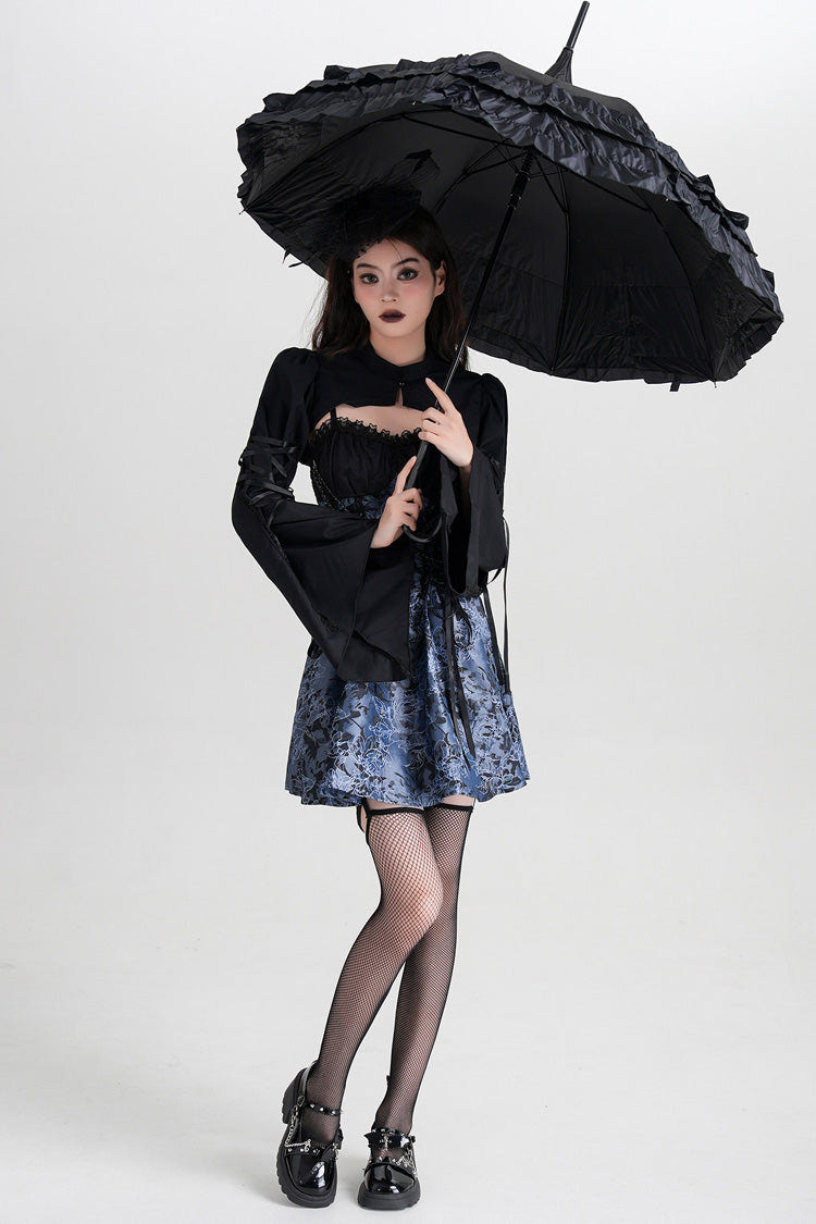 Blue Sleeveless Jacquard Printed Spliced Lace-Up Gothic Vintage Lolita Jsk Dress - Product - 6