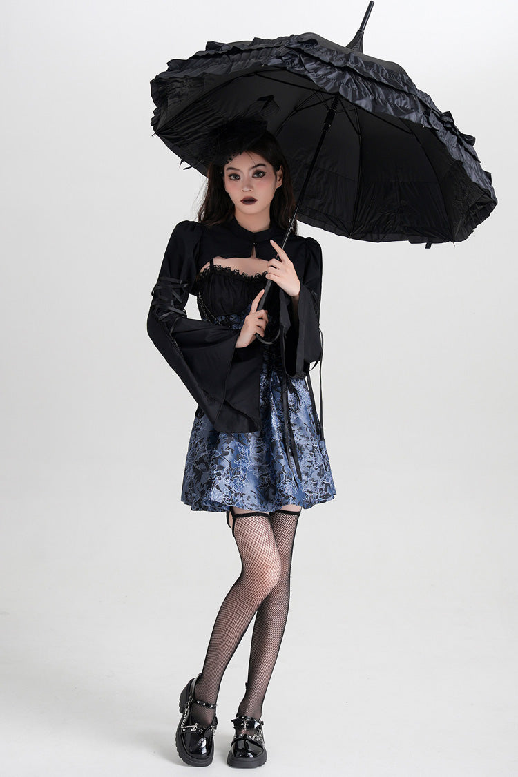 Blue Sleeveless Jacquard Printed Spliced Lace-Up Gothic Vintage Lolita Jsk Dress - Product - 6