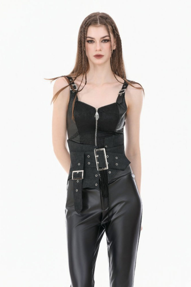 Washed Black Lace-Up Buckled Eyelet Women's Punk Asymmetric Corset Waist Belt - Washed-Black - 1
