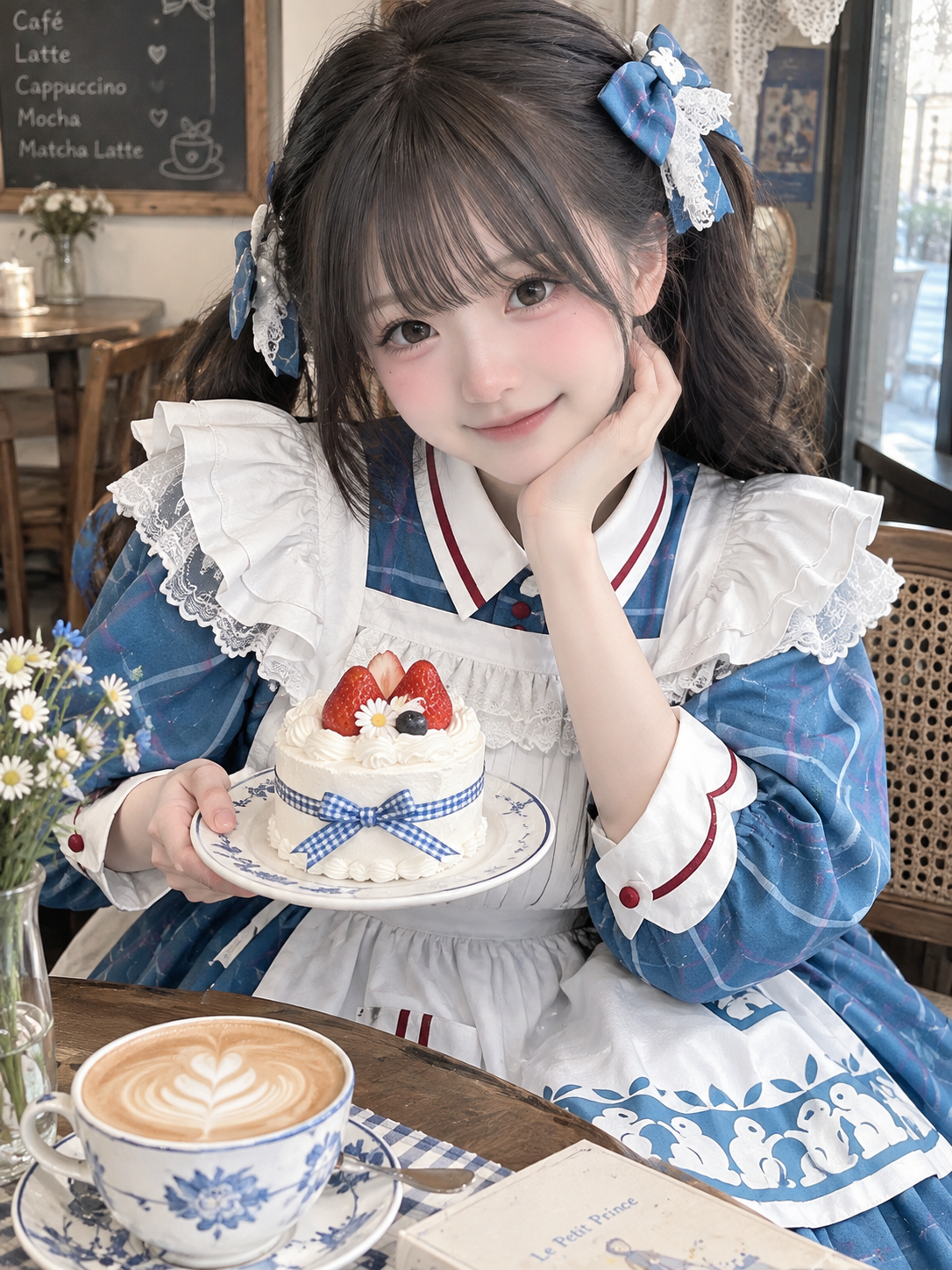 Blue Plaid Lolita Dress with White Apron Long Sleeve Sweet Outfit - view 4