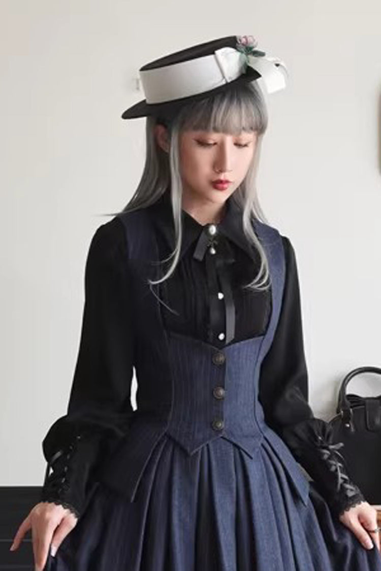 Blue [Griffin’s Pact] Striped Printed Ruffled Gothic Lolita Skirt Vest Set - Vest - 4