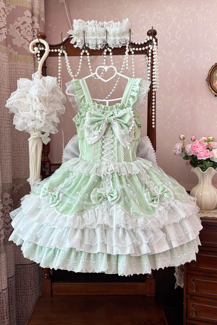 Green Sleeveless Triple-Layered Ruffle Embroidery Bowknot Lace-Up Pearl Sweet Plus Size Lolita Jsk Dress - Product - 2