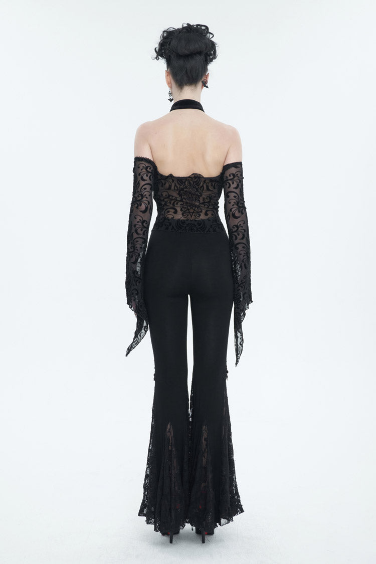 Black Pentagram Flocking Rope Rose Button Off-Shoulder Long Sleeve Women's Gothic T-Shirt - Product - 6