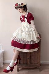 Red [Mist over Flowers Along the Path] Lapel Collar Long Sleeves Embroidery Bowknot Lace Sweet Lolita Dress - Product - 4