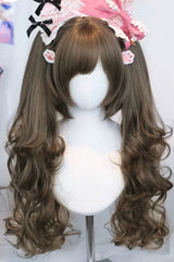 Ash Brown Side-Swept Bangs Sweet Lolita Twin Pigtails Wig Set - Product - 2