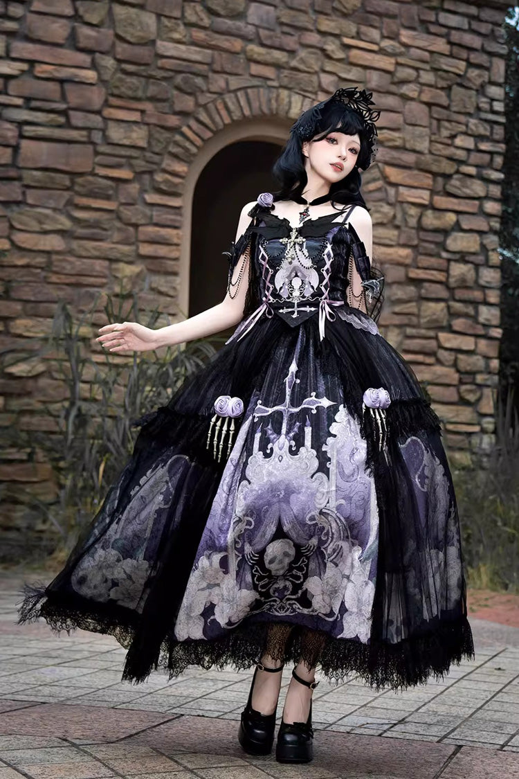 Black/Blue [Skull Magic] Print Ruffle Bowknot Gothic Elegant Lolita Skirt Two-Piece Set - Product - 11