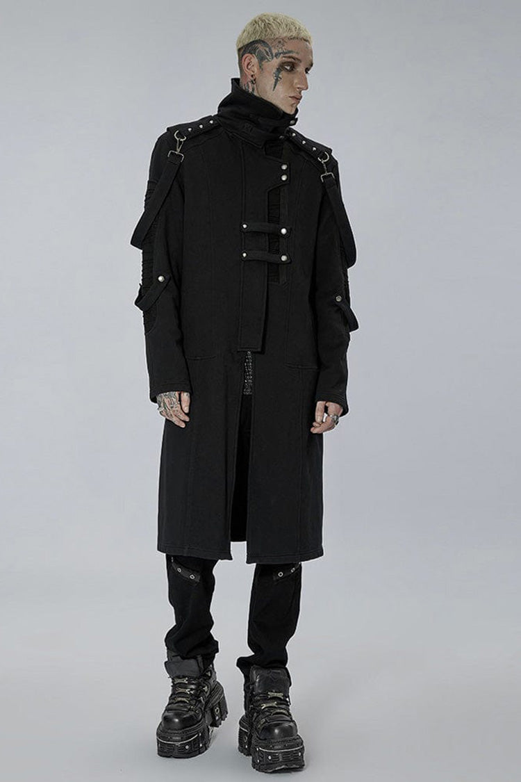 Black Punk Asymmetry High Collar Placket Metal Shoulder Detachable Webbing Men's Knitted Coat - Product - 3