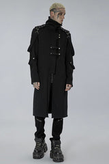 Black Punk Asymmetry High Collar Placket Metal Shoulder Detachable Webbing Men's Knitted Coat - Product - 3