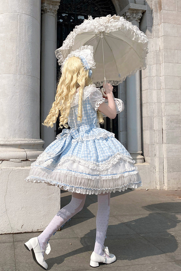 Blue [Tea Break Sweetheart] Short Sleeves Multi-Layered Plaid Print Ruffle Sweet Lolita Dress - Product - 9