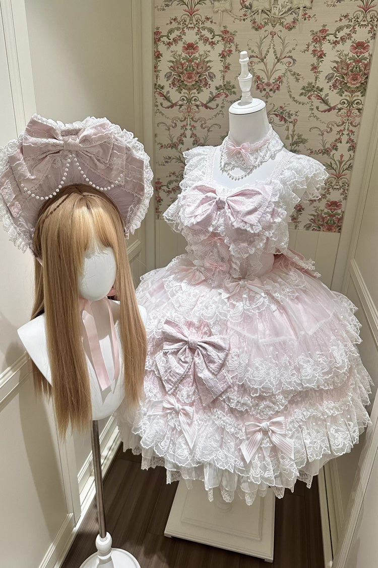 Pink [Sakura Dream Romance] Sleeveless Multi-Layered Ruffled Hanayome Bow Lace Sweet Princess Lolita Jsk Dress - Product - 9