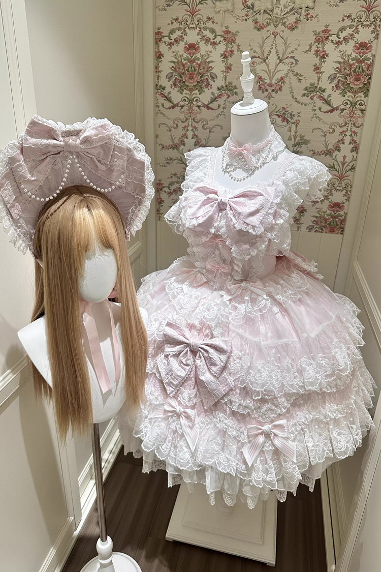 Pink [Sakura Dream Romance] Sleeveless Multi-Layered Ruffled Hanayome Bow Lace Sweet Princess Lolita Jsk Dress - Product - 9