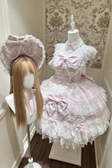 Pink [Sakura Dream Romance] Sleeveless Multi-Layered Ruffled Hanayome Bow Lace Sweet Princess Lolita Jsk Dress - Product - 9