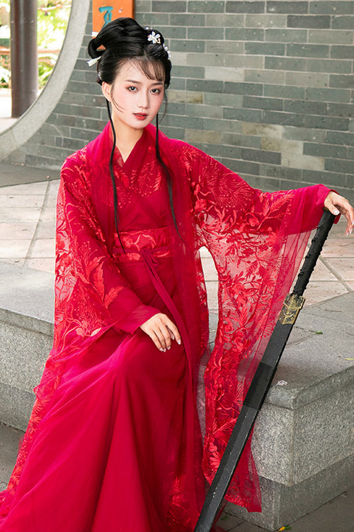 Red Chinese Style Chivalrous Female Plus Size Sweet Hanfu Dress - Product - 4