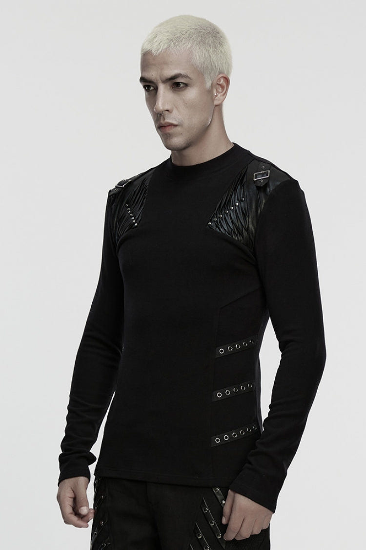 Black Round Collar Long Sleeves Buckled Strappy Pleated Eyelet Men's Punk Top - Product - 2