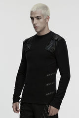 Black Round Collar Long Sleeves Buckled Strappy Pleated Eyelet Men's Punk Top - Product - 2