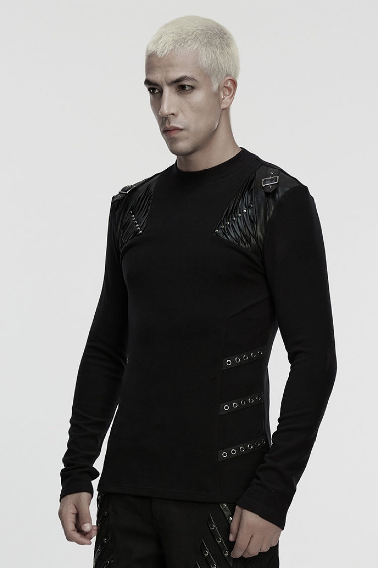 Black Round Collar Long Sleeves Buckled Strappy Pleated Eyelet Men's Punk Top - Product - 2