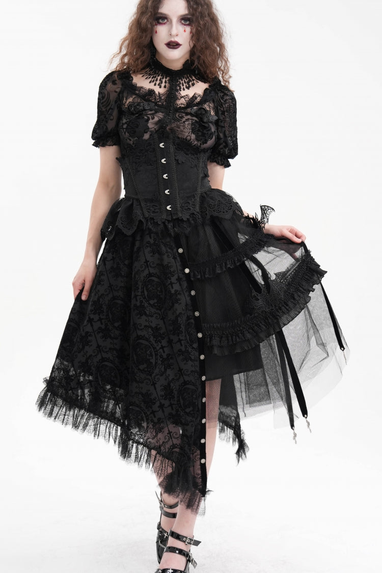 Black Jacquard Cut-Out Lace Asymmetric Pleated Women's Gothic Luxurious Skirt - Black - 1