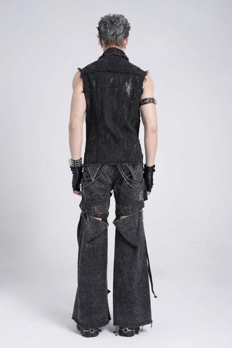 Black Sleeveless Studded Lace-Up Men's Gothic Distressed Vest - Product - 8
