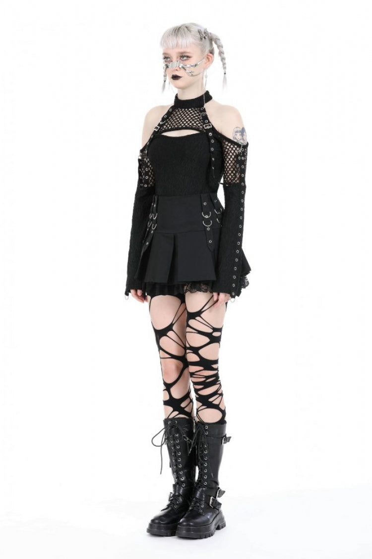 Black Off Shoulder Long Sleeves Cut-Out Spliced Mesh Women's Punk Top - Product - 2