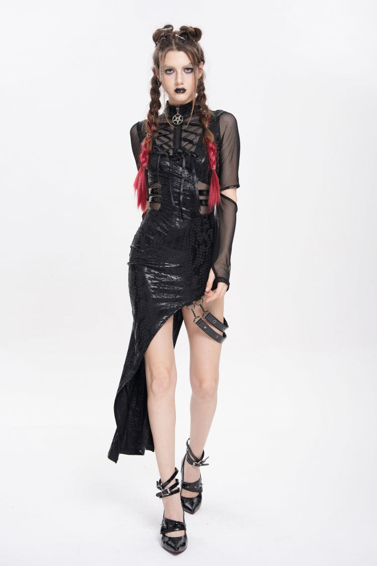 Black Stand Collar Long Sleeves Stitching Lace-Up Mesh Women's Punk Dress with Detachable Strap - Product - 11